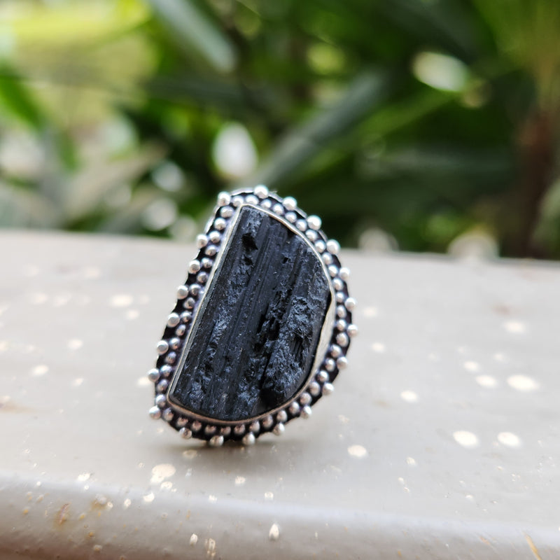 Certified Black Tourmaline Half Moon Adjustable Ring for Protection & Grounding