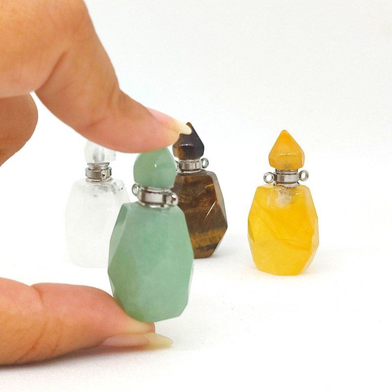 Tiger eye, Green Aventurine, Citrine, Clear Quartz Crystals Essential Oils / Perfume / Attar Bottles Pendants