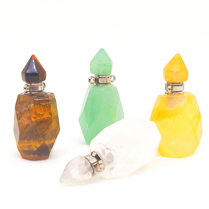Tiger eye, Green Aventurine, Citrine, Clear Quartz Crystals Perfume / Attar Bottles Pendants