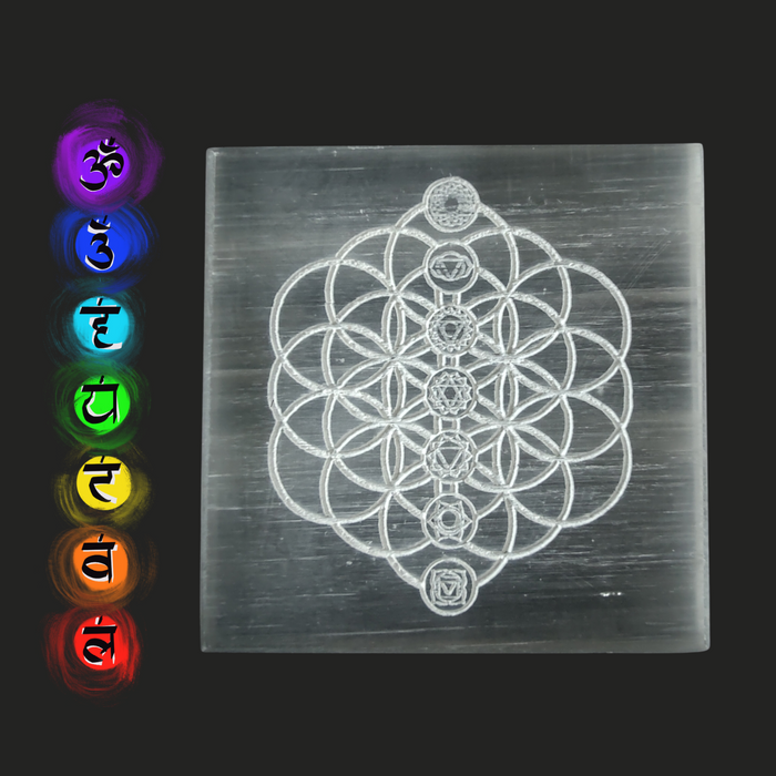 Charging & Protection Selenite Plate with Flower of Life & Chakra Symbols Engravement