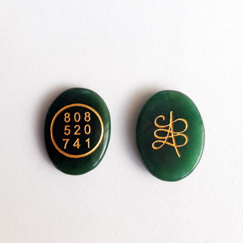 Green Jade Stone Zibu Symbol & Grabovoi  Numbers (1 piece)