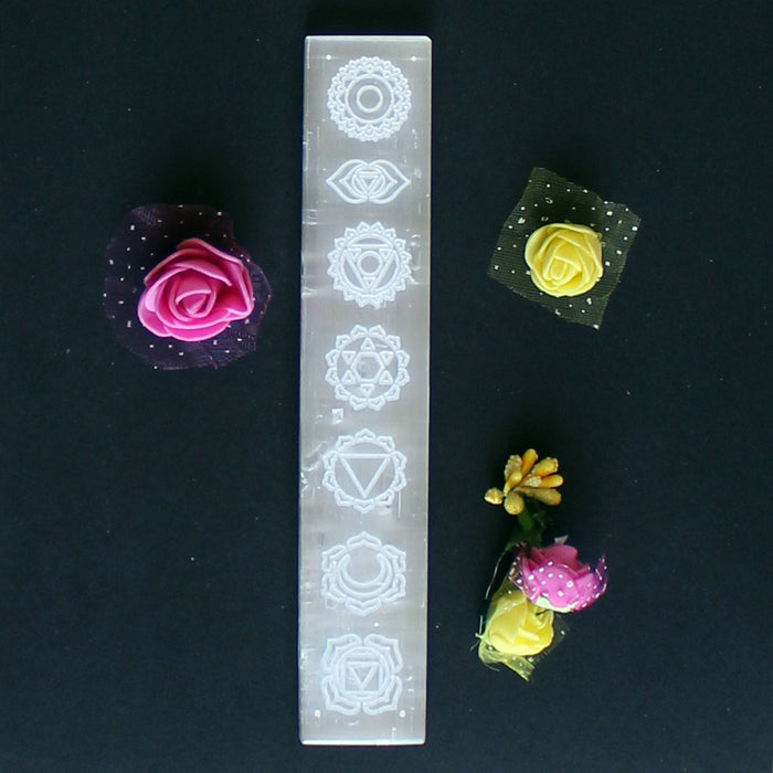Selenite Charging Bar with 7 Chakra Symbols Engravement