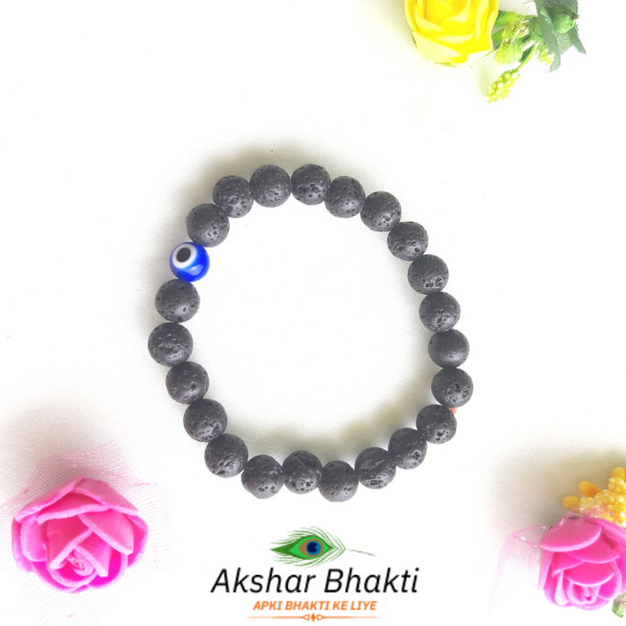 Certified & Energised Lava Stone Bracelet with Evil Eye Bead for Strength, Protection and Courage