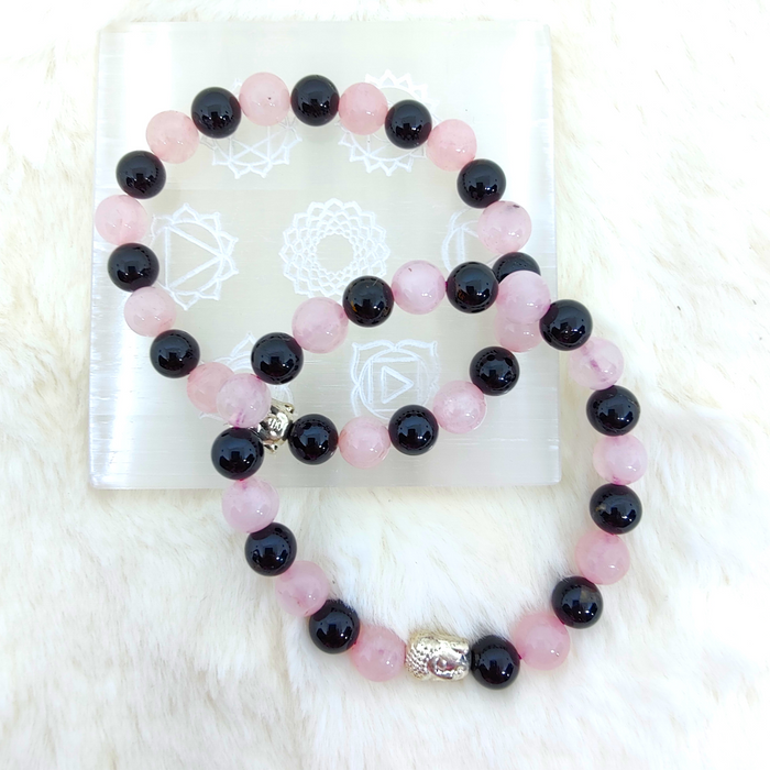 Certified & Energised Rose Quartz and Black Tourmaline Bracelet for Love, Grounding and Protection