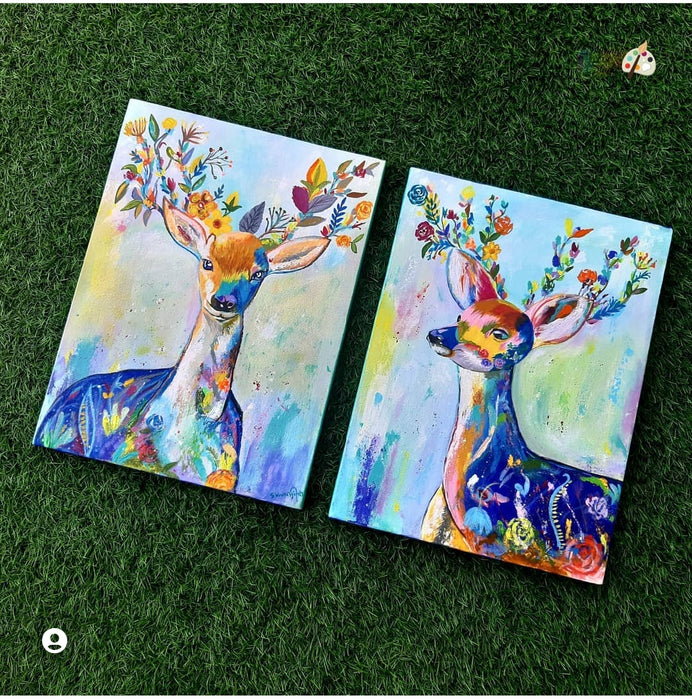 Handmade Acrylic Deer Pair Paintings for Relationships, Fame- Set of 2